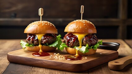 Three mini beef sliders with sesame buns, BBQ sauce glaze, lettuce and cheese layers, wooden serving board, soft natural light