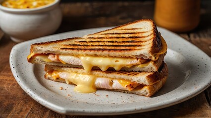 Toasted with grill marks, melted cheese and chicken filling, rustic table