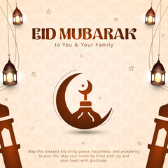 Eid Mubarak Greeting Card with Golden Mosque and Purple Pattern, Elegant Ramadan Kareem Banner with Bokeh Lights and Lanterns, Luxury Islamic Festival Background with Gold Crescent and Stars, Soft Gol © Dream Graphics