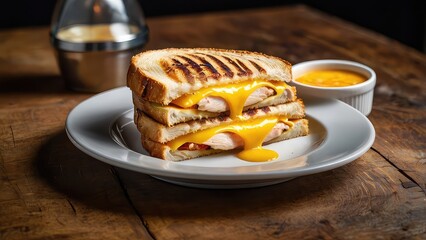 Toasted with grill marks, melted cheese and chicken filling, rustic table