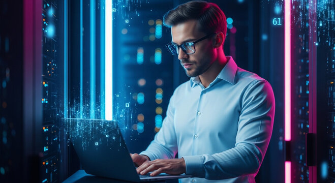 A man in a blue shirt works on a laptop with a focused expression in a dimly lit server room with neon lights.
