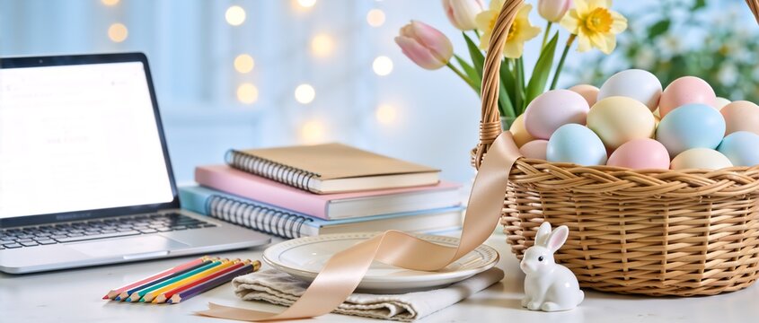 Laptop on desk with Easter eggs and school supplies. Holiday workspace background with computer and tulips