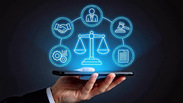 Hand holding smartphone with legal icons hologram