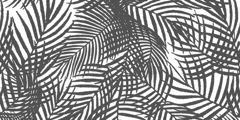 Monochrome tropical palm leaves seamless pattern. Botanical foliage background with dark gray leaves on white. © PK