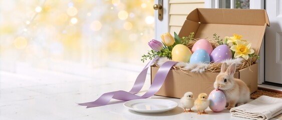 Easter gift box delivery on a doorstep. Open cardboard package with pastel eggs and spring flowers. Cute rabbit and yellow chicks with festive decorations