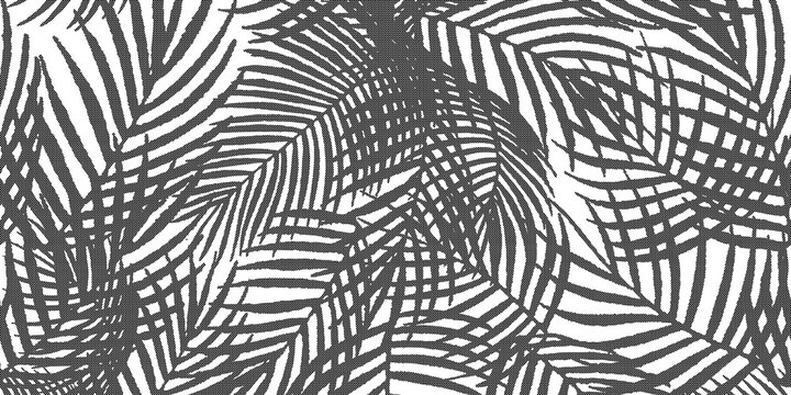 Monochrome tropical palm leaves seamless pattern. Botanical foliage background with dark gray leaves on white.
