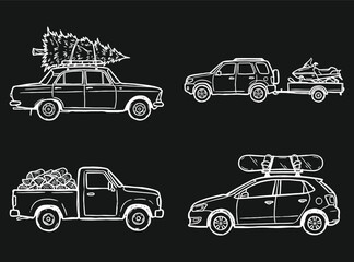 Fototapeta premium Chalk Sketch Winter Transport & Holiday Vehicles
