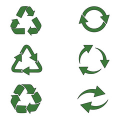 Obraz premium Hand-drawn cartoon set of green recycling symbols on a white background.