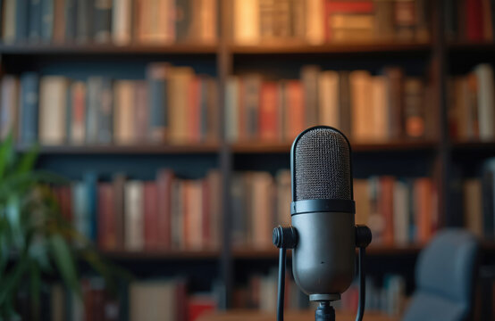 Professional microphone stands before blurred bookshelves, symbolizing a space for audio recording, podcasting, or public speaking. It conveys ideas, knowledge, and voice sharing.