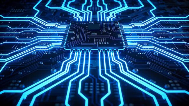Glowing blue circuit board with central microchip