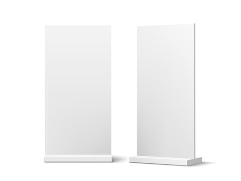 Table tent display mockup for showcasing products. Promotional setup for showcasing product or designs. White blank boards offer visual preview for marketing presentations.