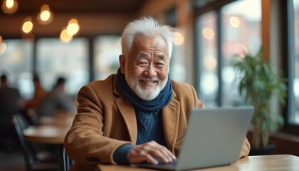 Obraz premium Smiling Asian senior man types on laptop in cafe. He wears a brown coat and blue scarf, looking happy. Busy background with people, lights, plants.