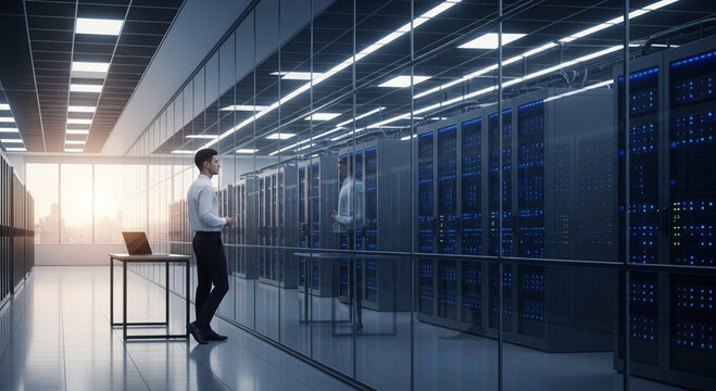 A man stands at a desk with a laptop in a modern, brightly lit server room with rows of computer servers and glass walls.