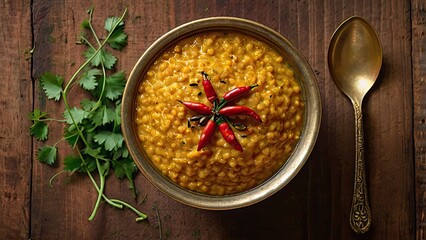 Yellow lentil dal with tempering of red chili and cumin seeds, served in brass bowl, simple rustic table, top view flat lay