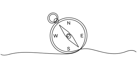 Travel compass continuous one line drawing, minimalist line art vector illustration, Magnetic compass continuous one line drawing. Land, sea, navigation, geography compass single line art illustration © Sahor