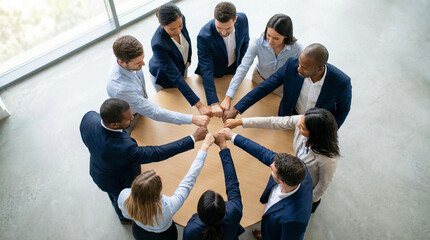 Obraz premium Equipo de profesionales uniendo sus manos en gesto de colaboración. Concepto de trabajo en equipo, liderazgo y éxito empresarial con espacio para texto.