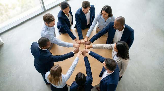 Equipo de profesionales uniendo sus manos en gesto de colaboraci&oacute;n. Concepto de trabajo en equipo, liderazgo y &eacute;xito empresarial con espacio para texto.