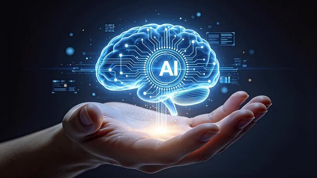 Hand holding glowing AI brain hologram