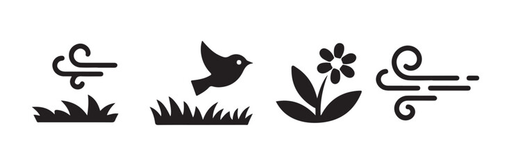 Obraz premium Nature icons set featuring wind symbols bird flying over grass and flower for design work