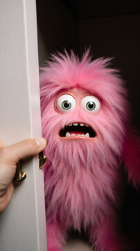 Funny pink hairy monster hidden in the closet, surprised and scared as somebody opens the door, he's been discovered, he looks frightened, terrified, petrified by fear or stress, a living cuddly toy