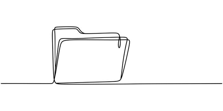 Computer folder in one line art style. Drawing of an open file folder with editable black stroke on a white background. Vector illustration.