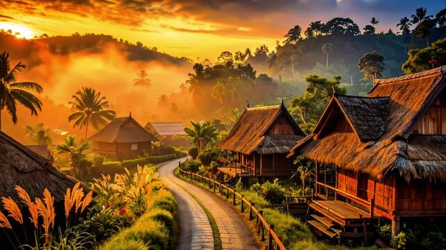 Traditional Indonesian Village at Sunset with Warm Golden Light