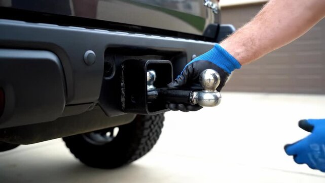 Mechanic Attaching Tow Hitch to Vehicle.