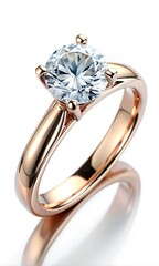 Rose Gold Solitaire Diamond Ring Isolated on White Background.