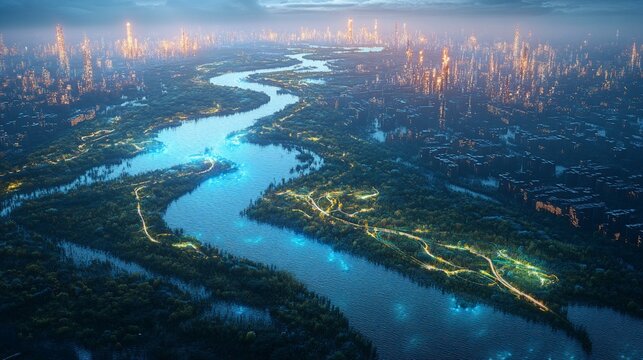 Futuristic city river park aerial twilight design