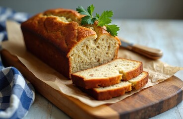Freshly baked banana bread loaf served on wooden board. Sliced sweet pastry with green leaf garnish. Knife rests on parchment paper beside loaf. Rustic kitchen food prep.