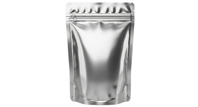 Shiny silver foil stand up pouch with zipper for food or product packaging mockup. Isolated on transparent background, png