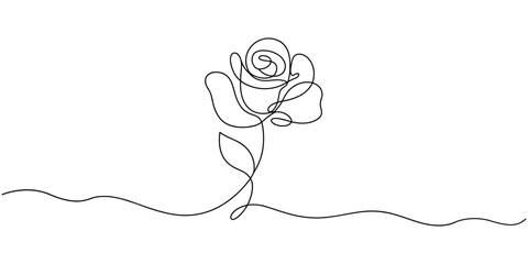 Rose one line drawing. Abstract flower continuous line. Minimalist contour drawing of rose . Continuous line drawing of flower rose . Hand drawn sketch of flower with leaves.