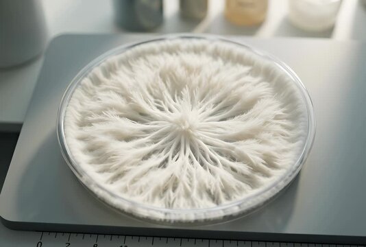 Microorganism colony growth timelapse in petri dish showing radial expansion of bacterial culture in laboratory setting