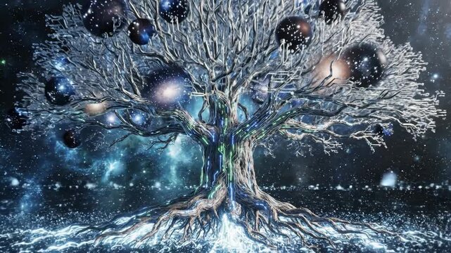 Futuristic Digital Tree Connecting Cosmic Data Networks.