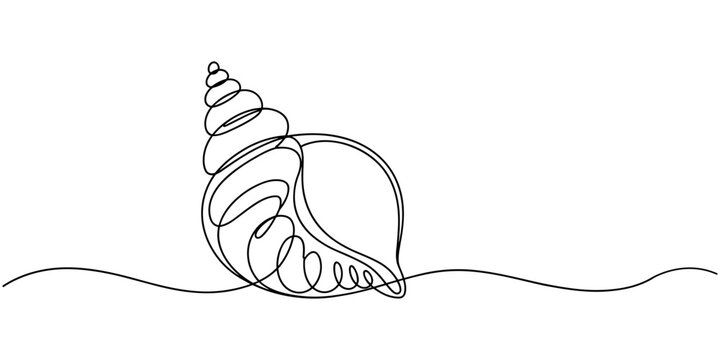 Continuous one line drawing of conch snail shell. Marine animal concept continuous line art. Single line art, One line art of a detailed clam shell, minimalist sea texture design, Oyster shells, pro.