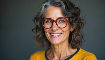 Obraz premium Mature woman with glasses and friendly smile in yellow shirt. Natural look with grey hair. Positive expression, confidence, and approachability.