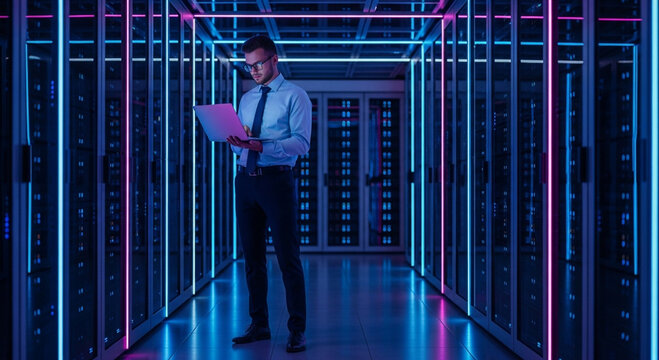 A man in a blue shirt and tie stands in a server room with neon lights, holding a laptop in a futuristic data center with rows of computer servers.