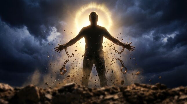 Man breaking spiritual bondage chains with power in battle against addiction concept. A figure breaking free from chains, symbolizing liberation and power.