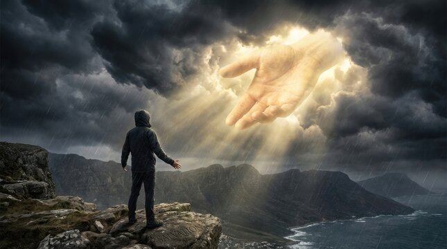 Small man sees God's hand in clouds seeking salvation from death concept. A figure stands against a dramatic sky, symbolizing hope and guidance.