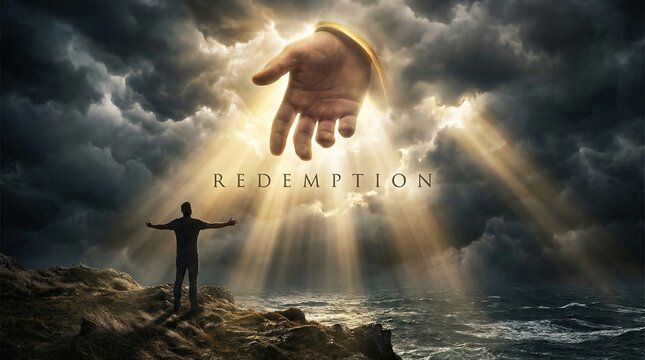 Small man sees God's hand in clouds seeking salvation from death concept. A figure stands in awe beneath a divine hand reaching down.