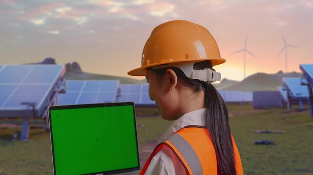 Close Up Back View Of Asian Female Engineer With Safety Helmet Working On A Green Screen Laptop And Looking Around with Solar Panels and Wind Turbines on a Green Field at Sunrise