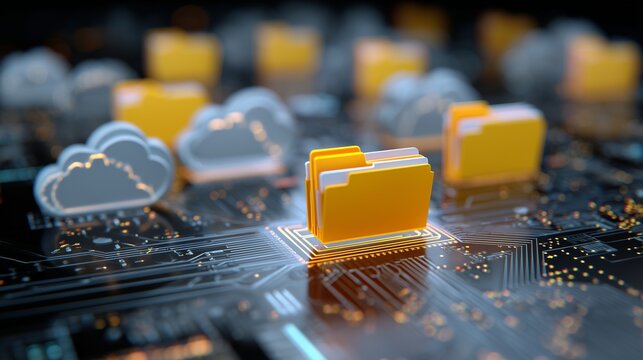 Circuit board with glowing folder and cloud icons representing data migration and file synchronization between on-premise and cloud systems.