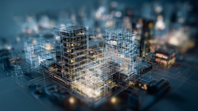 Defocused digital 3d building model with wireframe, holographic overlay and site planning elements representing architectural visualization, engineering modeling and virtual construction planning.