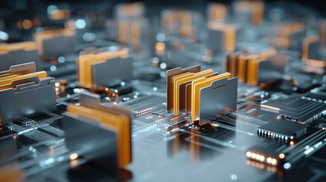 Close-up of digital folder icon array on circuit board representing digital file system folders data governance and secure information workflow.