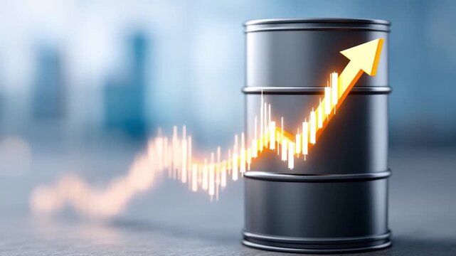 Oil price movement in emerging markets rising sharply with black barrel and bright arrow symbolizing growth energy trends