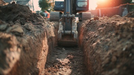 Excavator digging trench for septic system installation, backhoe excavator creating narrow trench between soil walls for septic pipe and tank placement.