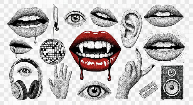 vintage lips illustration, vampire teeth, hand drawn elements