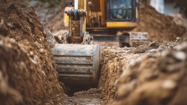 Excavator digging trench for septic system installation, showing construction machine, trench, soil and pipework in a site preparing septic infrastructure.