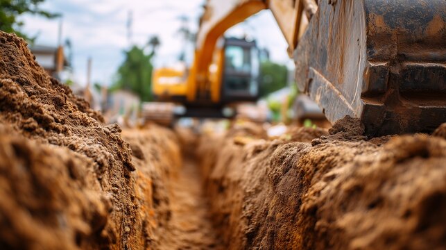 Excavator digging trench for septic system installation, showing digging bucket, trench, soil mound and site preparation for pipe and tank placement.