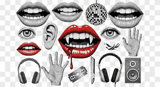 surreal lips and eyes illustration, disco ball, hand and headphones